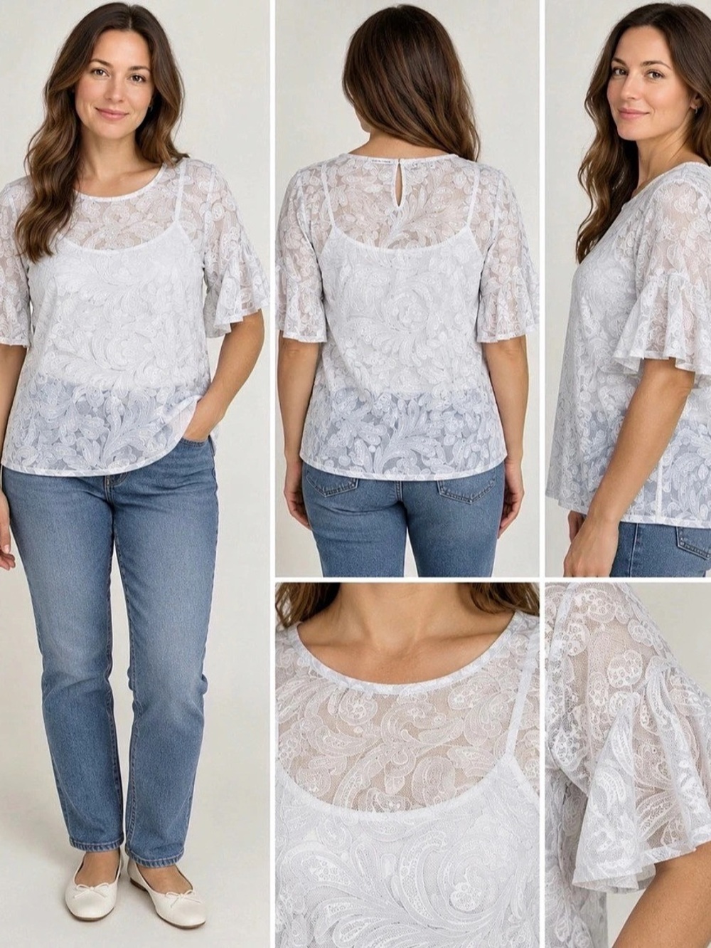 NOTATIONS Floral Lace Flutter Sleeve Blouse in White Like New
